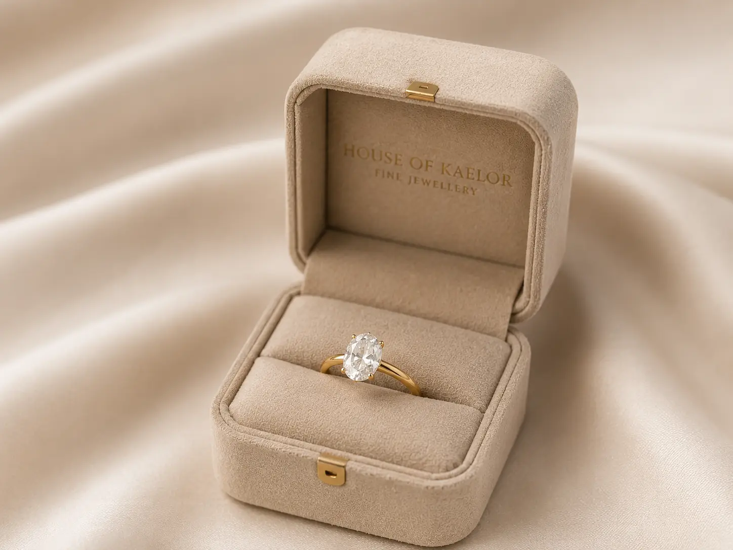 Oval diamond engagement ring presented in a House of Kaelor ring box