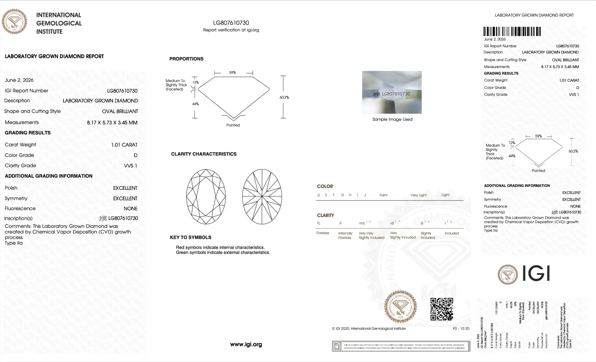 Example IGI laboratory-grown diamond grading report