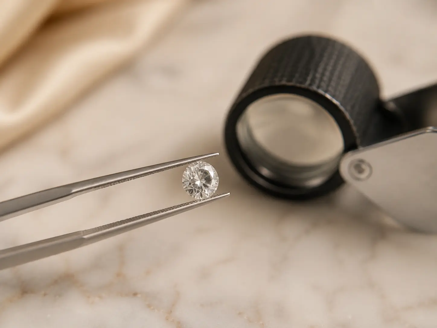 A loose diamond being inspected with tweezers and a jeweller's loupe