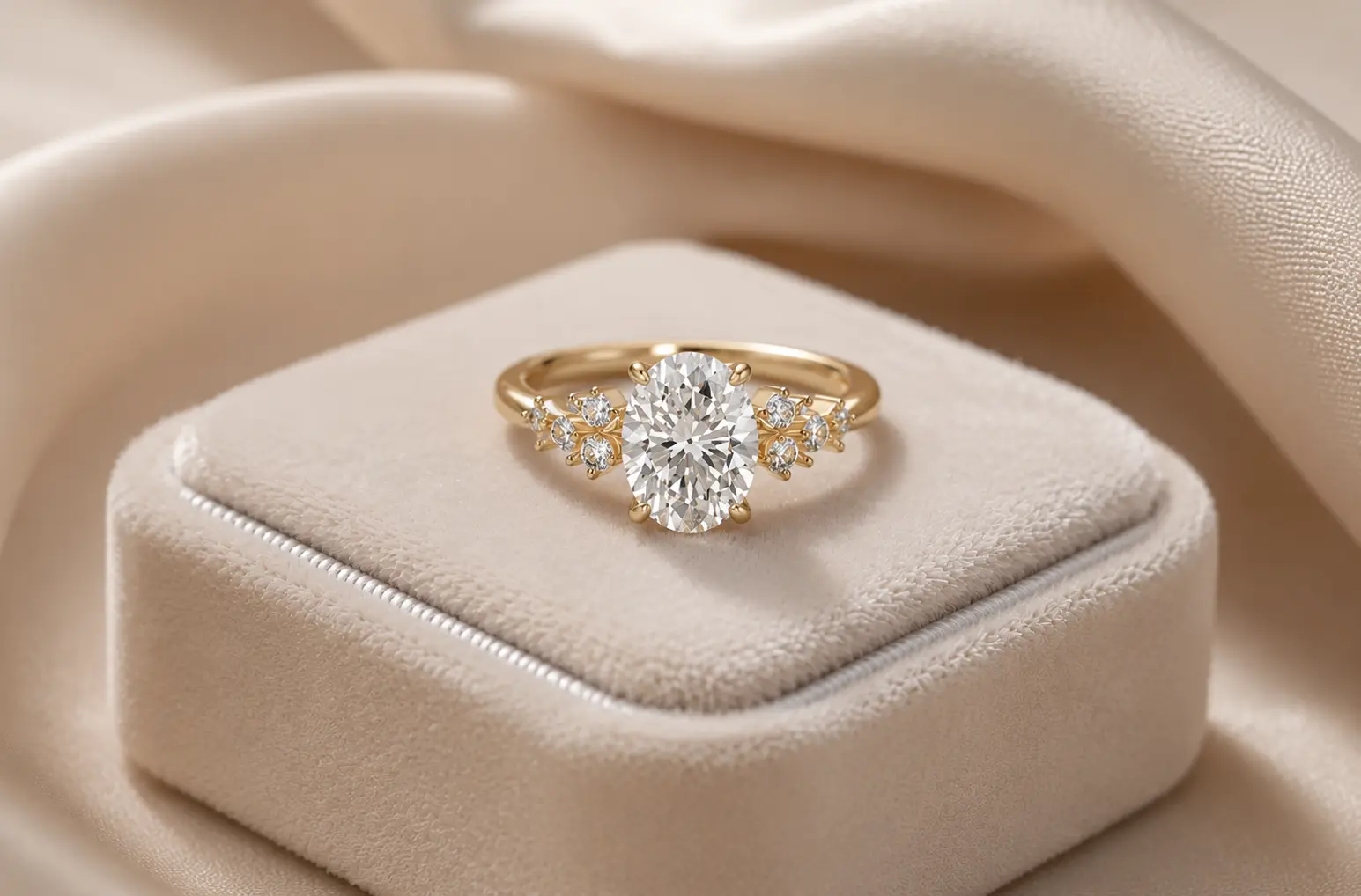 Oval diamond engagement ring displayed on an ivory ring box