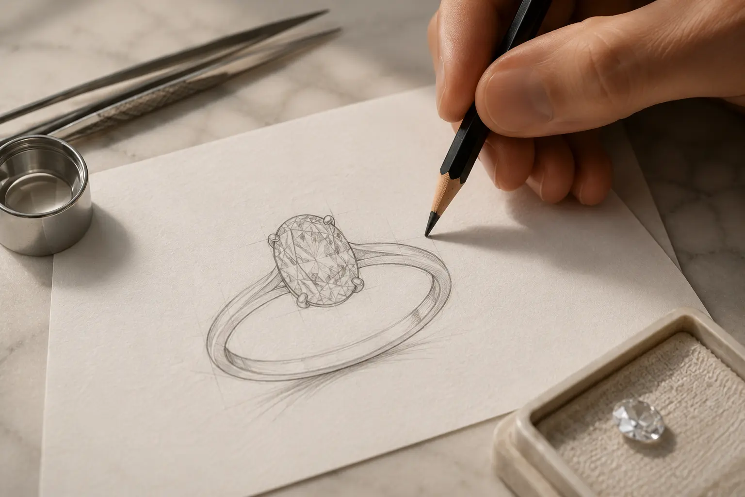 Jewellery designer sketching an oval engagement ring