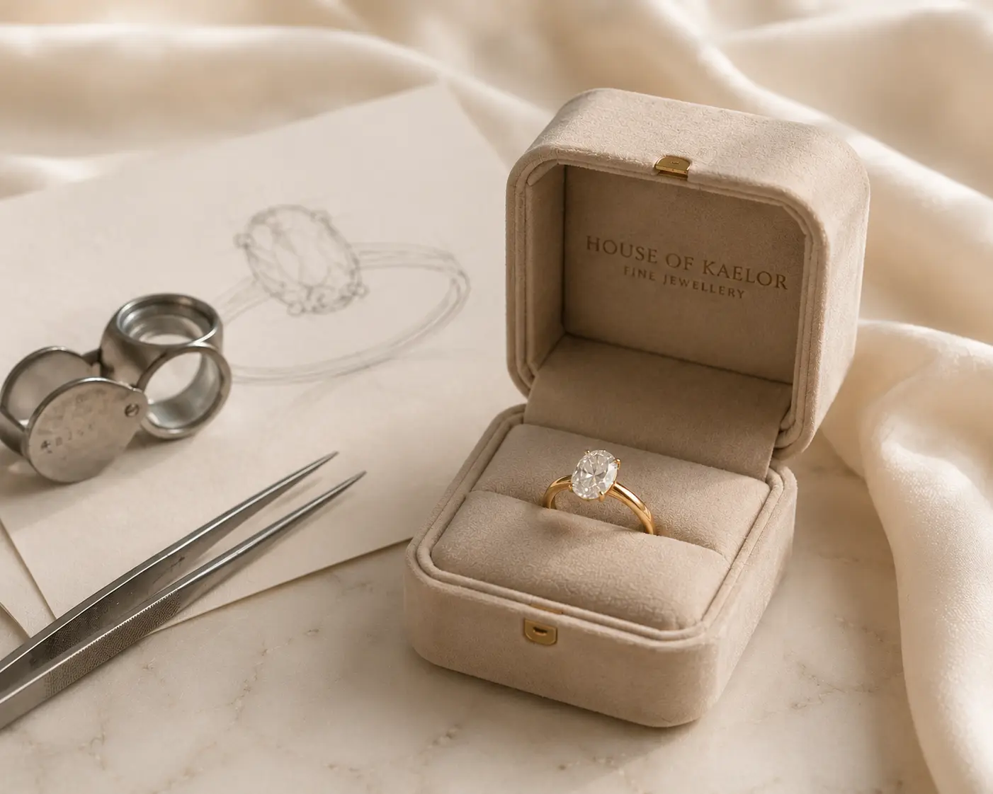 Completed oval engagement ring presented in a House of Kaelor ring box