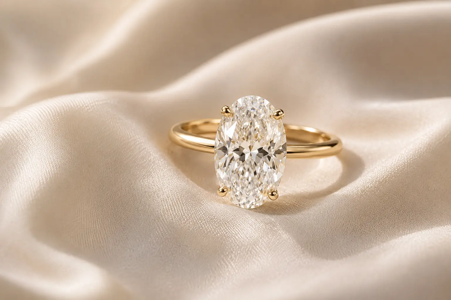 Oval diamond engagement ring in yellow gold on ivory silk